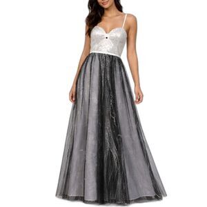 Silver & Black Sparkle Prom Long Dress with White Accents – Size 5/6 (NWT)